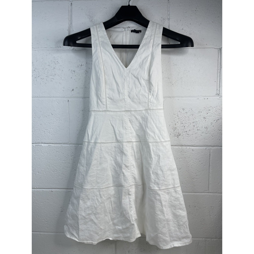 Theory White Linen Blend Sleeveless Dress Silk Lace Trim Size 2 Women's